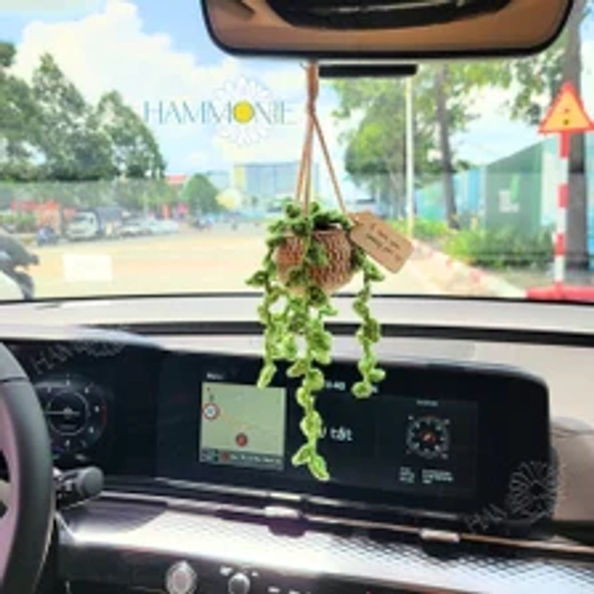 Personalized Plant Car Hanging, Crochet Plant Car Accessories, Custom Name with Crochet Plant Car Decor