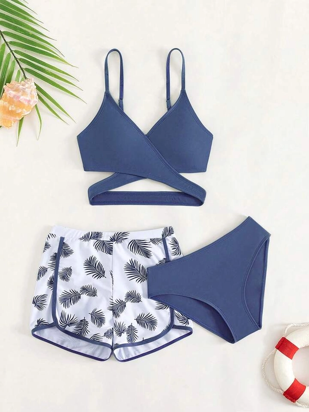 Teen Girls Tropical Print Wrap Bikini Swimsuit With Swim Shorts | SHEIN USA
