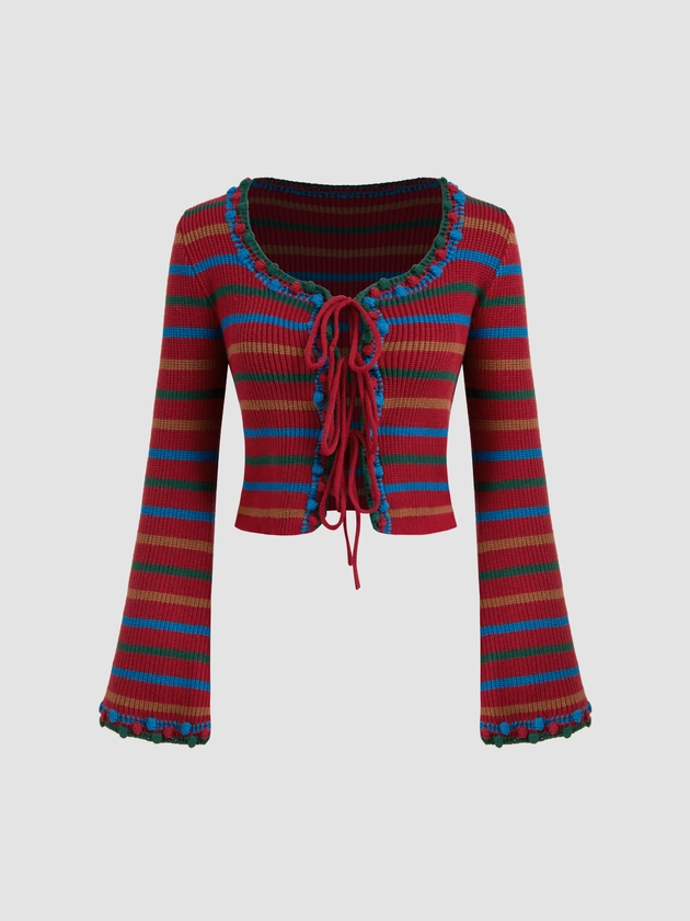 Scoop Neckline Striped Tie Front Cardigan