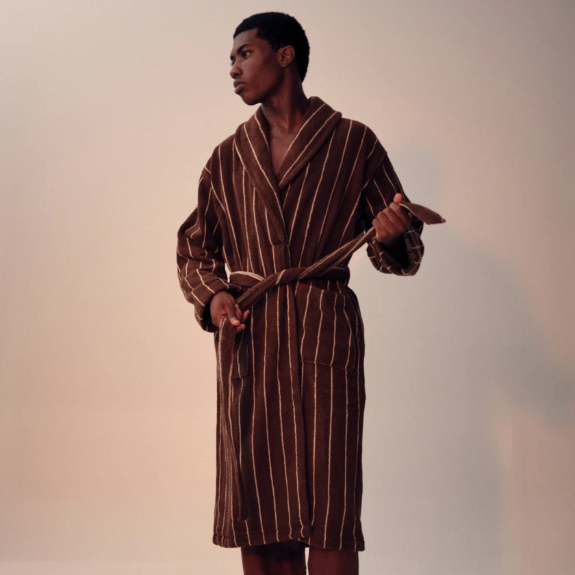 Organic Cotton Terry Bathrobe in Cocoa & Ivory Stripe