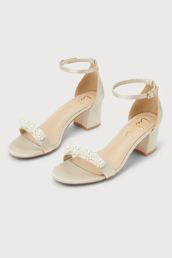 Kutest Champagne Satin Pearl Ankle Strap Heels