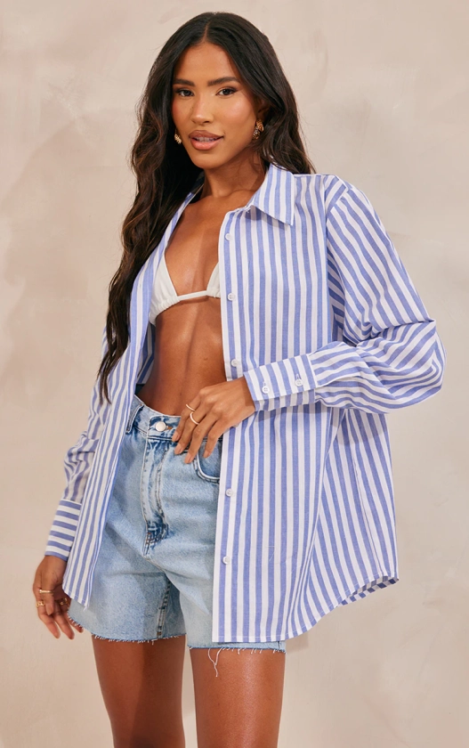 Blue Linen Look Oversized Stripe Shirt | Tops