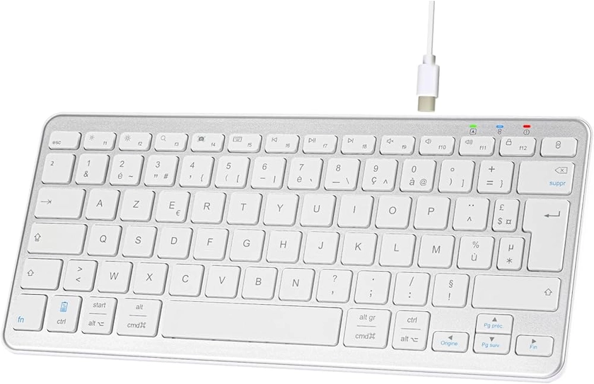 Qulose Clavier sans Fil Bluetooth, Mini Clavier AZERTY Français, Clavier Léger Silencieux, Rechargeable USB C, 12 Raccourcis Multimédias, pour Mac, iPad, iPhone, Android, Windows-Silver