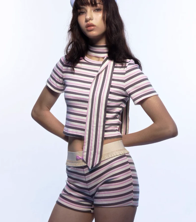 Striped Slim Millennial Bow Retro Versatile Top/Pants/Leg Sleeves EMO0023