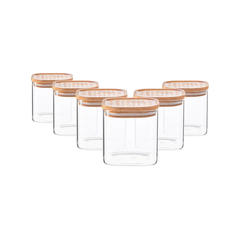 Argon Tableware Square Glass Storage Jars with Wooden Lids - 680ml - Pack of 6