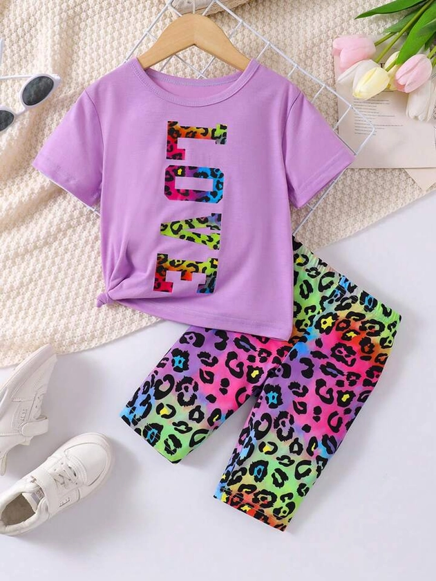 SHEIN Young Girl Valentine's Day Letter Graphic Top & Shorts Set