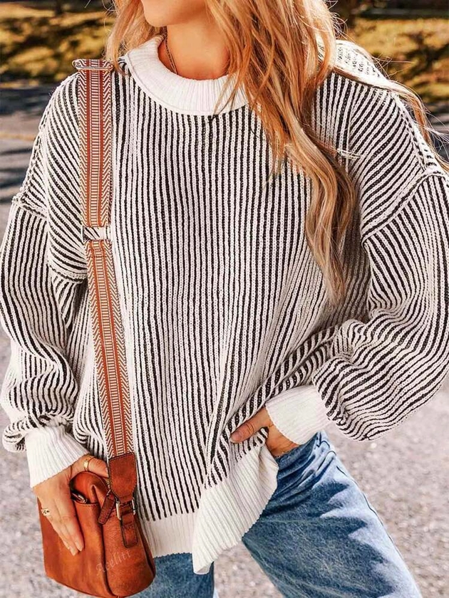 Acelitt Fashionable Loose Fit Striped Contrast Color Crew Neck Sweater, Long Sleeve | SHEIN USA