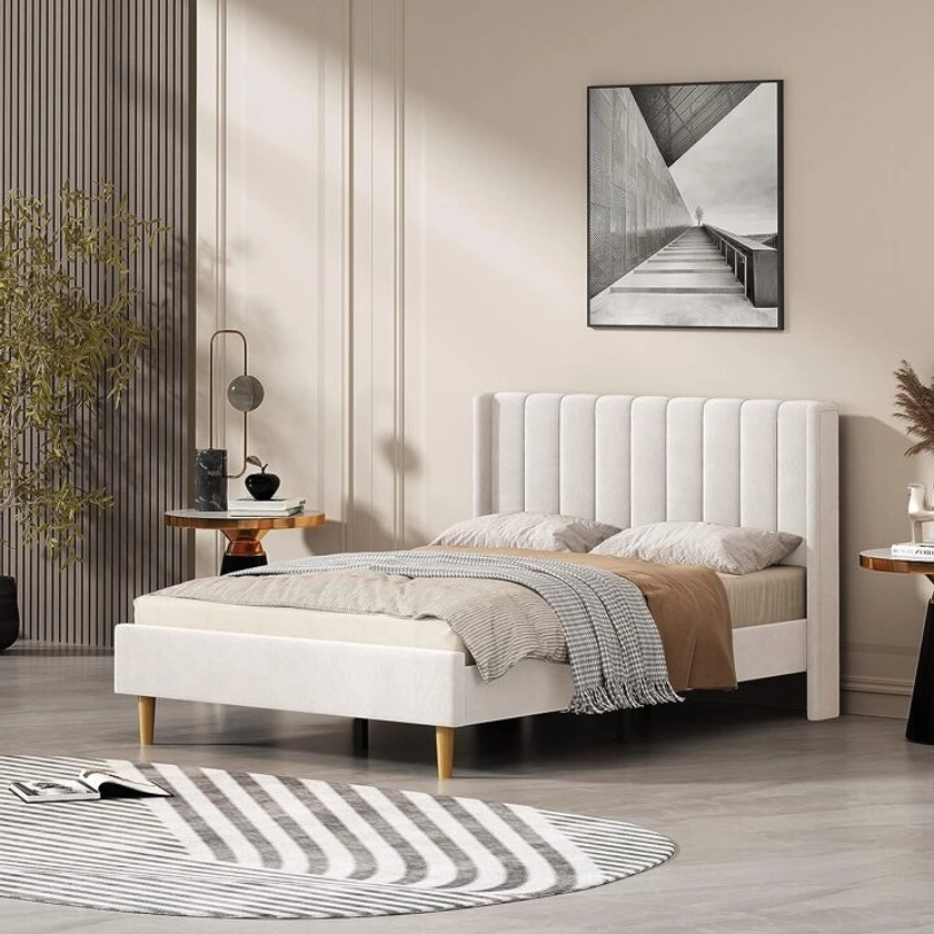 Upholstered Platform Bed Frame/Modern Geometric Double-Wing Design headboard/Flannel and Linen Fabric/Easy to Assemble no Noise (Cream, Full