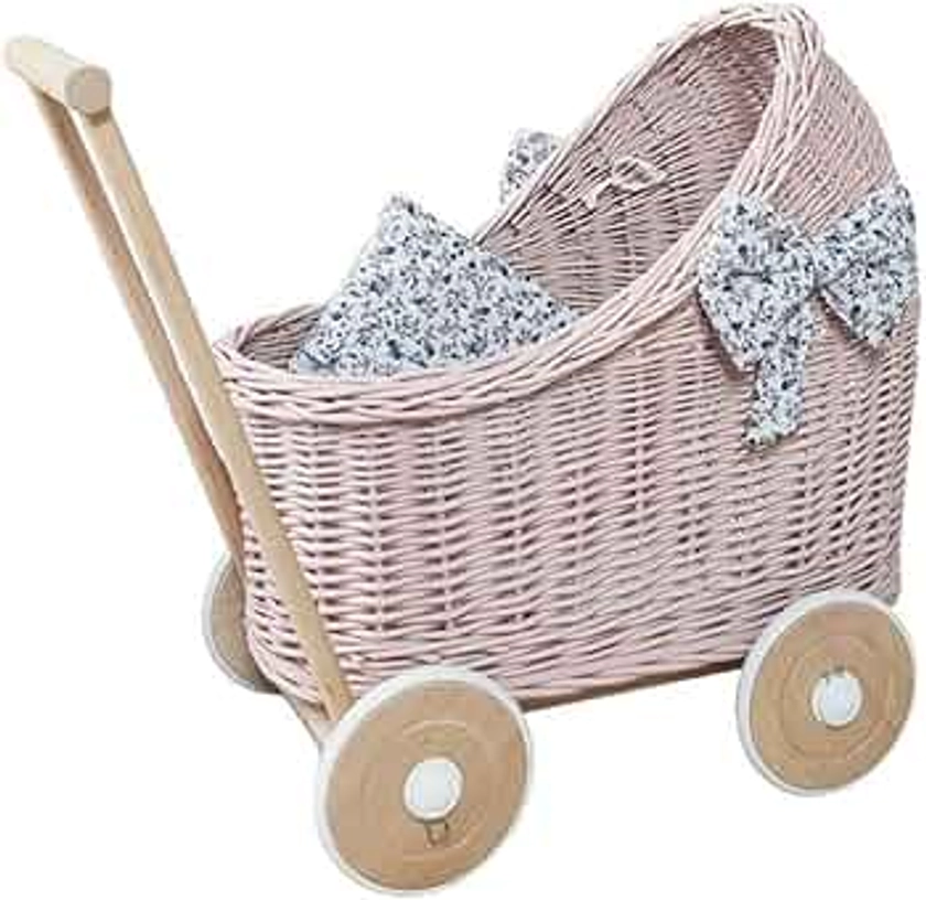 Natural Rattan Doll Stroller - Hand Made in Europe - Fits 17" Dolls & Plush Toys - Wicker Doll Pram & Baby Walker with Bedding Set - Perfect for Imaginative Play | Pink with Ivory Flowers