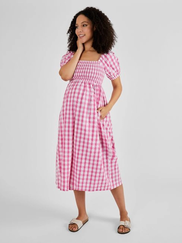 Buy Pink Gingham Shirred Maternity Midi Dress from the JoJo Maman Bébé UK online shop