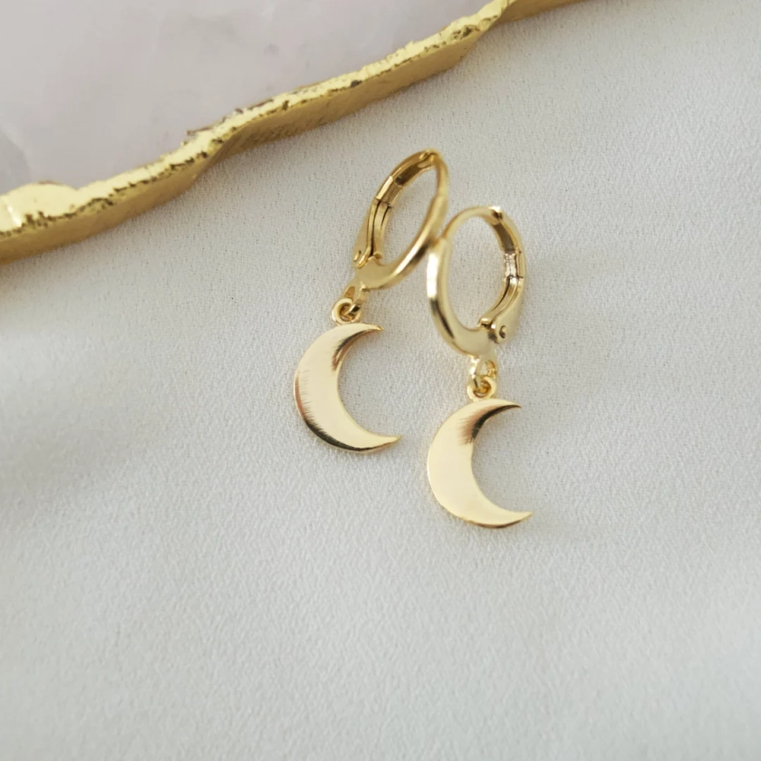 Crescent Moon Hoop Earrings, Gold Plated Brass Stack Huggie Hoops, Half Moon Drop Dangle Earrings