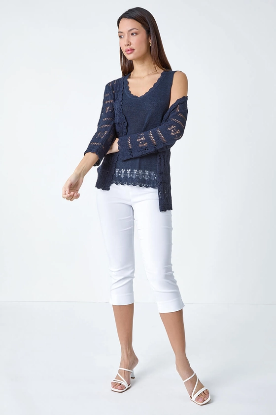 Navy Crochet Scalloped Trim Knit Vest | Roman UK