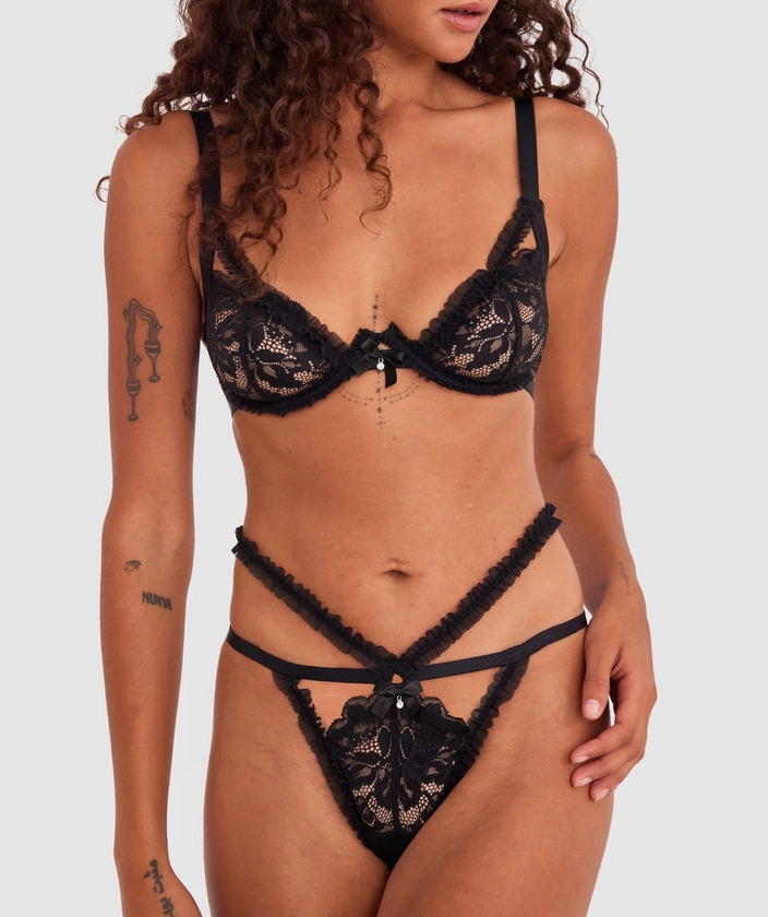 Night Games Forever Yours Underwire & String & Crotchless Set - Black