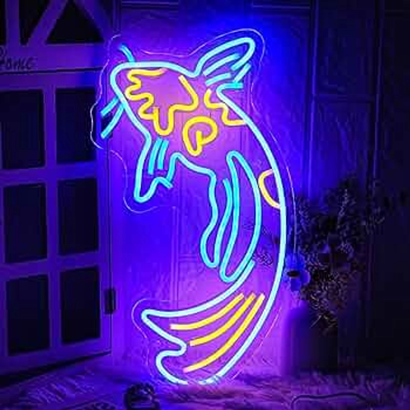 Koi Fish Neon Sign Japanese Fish Led Neon Blue Yellow Fish Neon Signs for Wall Decor 17”x9.5”with USB/Switch Dimmable Neon Light Signs for Bar Office Fishroom Kitchen Aarea Koi Pond