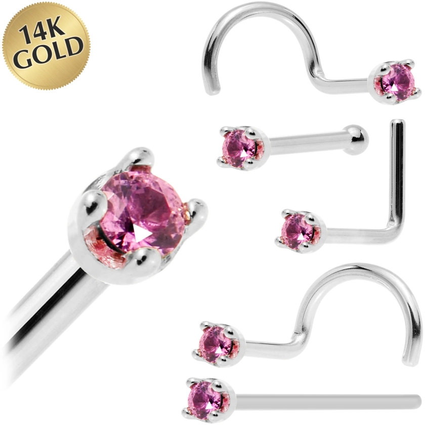 Solid 14KT White Gold (October) 1.5mm Genuine Pink Sapphire Nose Ring