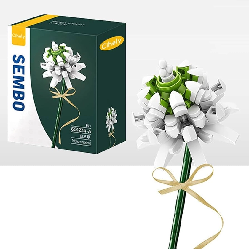 Flower Bouquet Building Blocks Kits Trifolium White 601234-A, Artificial Flowers Building Project to Release Stress and Focus The Mind, for Birthday Gifts to Adults/Teens(100+ Pieces)