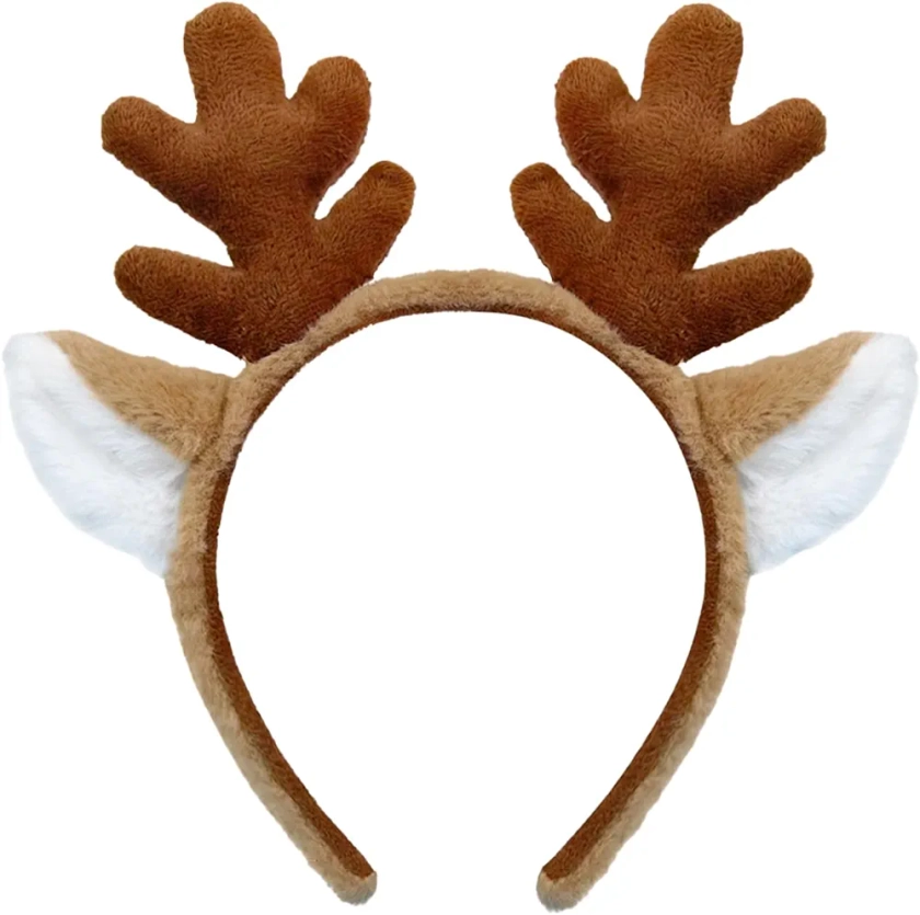 Reindeer Antlers Headband - Animal Ears Headband Fluffy Realistic Deer Antlers Headband Party Cosplay Deer Costume for Christmas Halloween