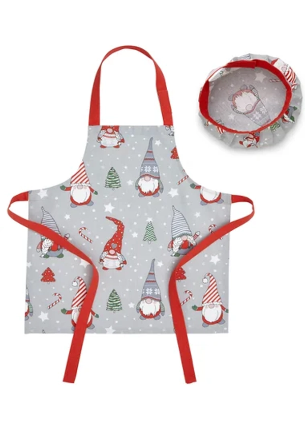 Catherine Lansfield Christmas Gnomes Cotton Kids Kitchen Apron & Hat Set