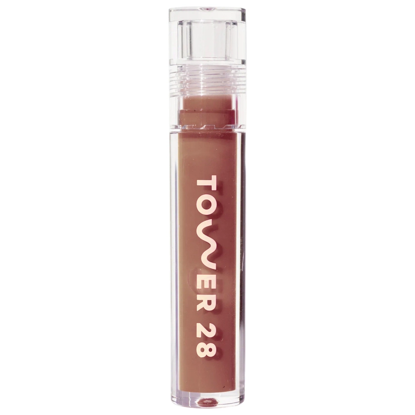 Tower 28 Beauty ShineOn Lip Jelly Hydrating Non-Sticky Lip Gloss Almond - semi-sheer, milky chocolate