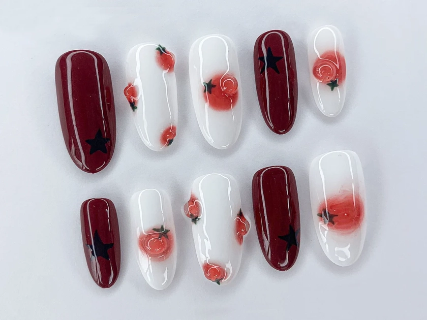 Stunning Tomato Press On Nails | Food Lover Style Nails | Red and White Nail Set | Short Long Almond Nails | Y2K Nails | JC274A