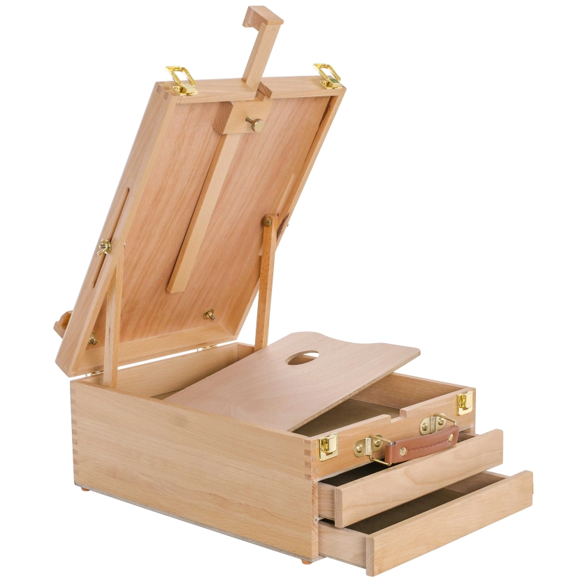 U.S. Art Supply Grand Cayman 2 Drawer Adjustable Wood Table Sketchbox Easel, Wooden Artist Desktop Storage Case, Palette