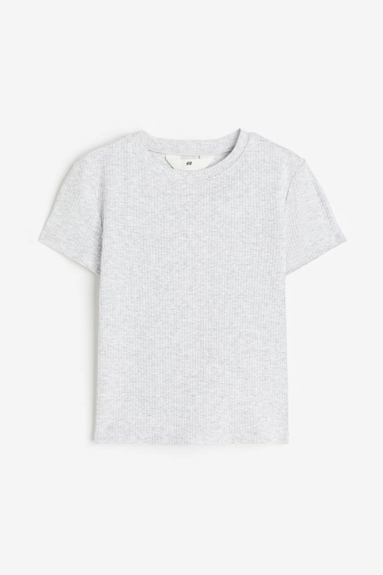 Ribbed cotton jersey top - Round neck - Short sleeve - Light grey marl - Kids | H&M GB