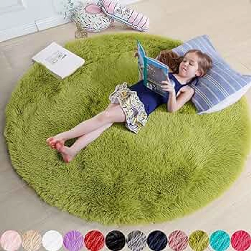 Grass Green Round Rug for Bedroom,Fluffy Circle Rug 4'X4' for Kids Room,Furry Carpet for Teen's Room,Shaggy Circular Rug for Nursery Room,Fuzzy Plush Rug for Dorm,Green Carpet,Cute Room Decor for Baby