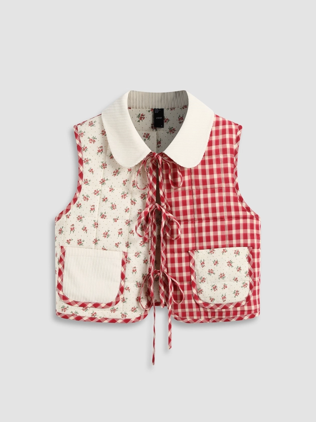 Woven Doll Collar Check & Floral Pocket Tie Front Bow Oversized Jacket Vest For School