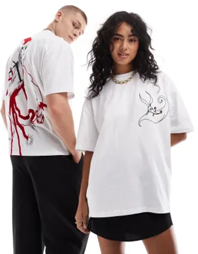 ASOS DESIGN - Disney - T-shirt oversize de Noël à imprimé L'Étrange Noël de monsieur Jack - Blanc