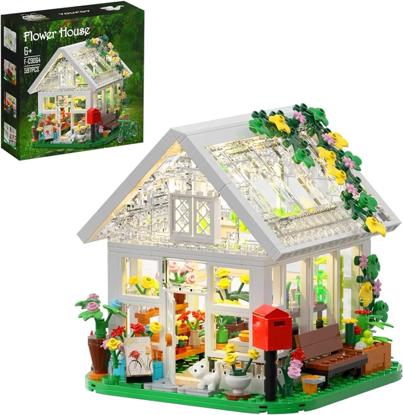 Flower House Building Set, Garden House Building Toy with LED Light, Creative Building Playset, Build a Greenhouse Model, Great Gift for Friends or Girls (597 Pieces)