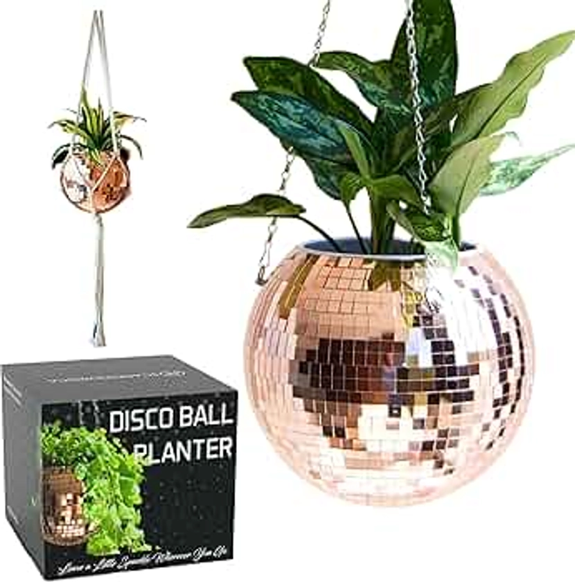 SCANDINORDICA Disco Ball Planter – Value Package: Mirror Disco Planter with Chain, Macrame Hanger and Acrylic Stand for Desk, Self Watering Insert, Plant Lover Gifts | 10 inch Rose Gold