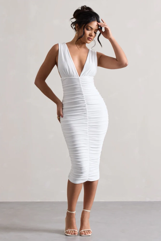 Attract | White Ruched Plunge-Neck Midi Dress