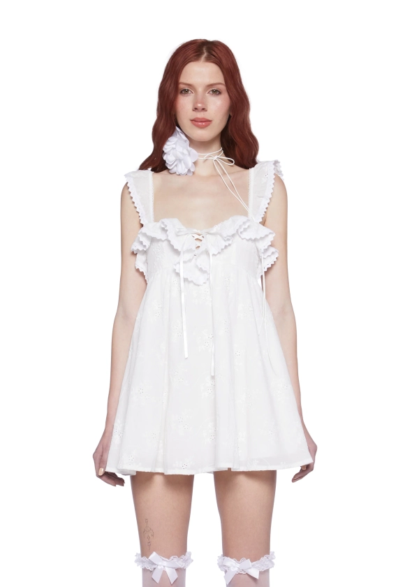 Sugar Thrillz Babydoll Eyelet Lace Ruffle Mini Dress - White