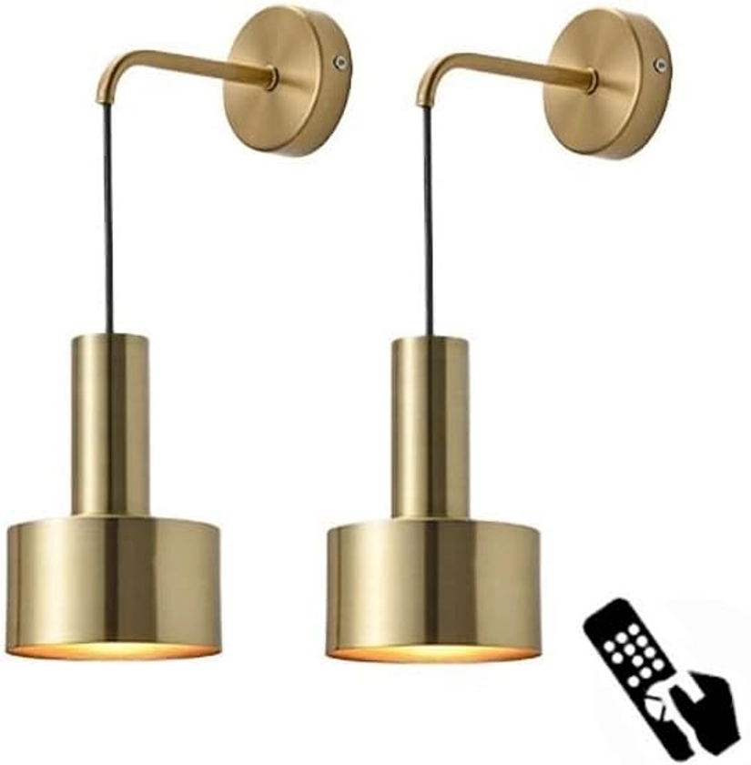 Battery Operated Wall Sconces Set Of 2, Modern No Wire Wall Lamp with Remote and led Light Bulb, Dimmable Adjustable Copper Lighting Fixture for Indoor Bedroom Bedside Decor/Living Room/Hallway…