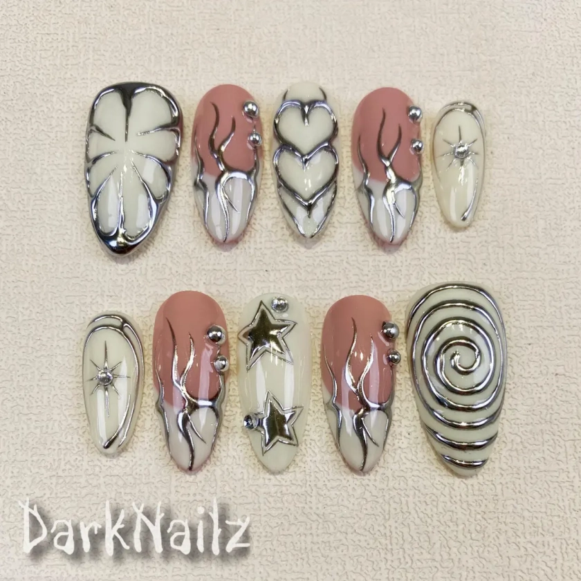 Custom White Press On Nails, Gothic Punk Rock Nails, Goth Silver Mirror Effect With Nude French Press On Nails