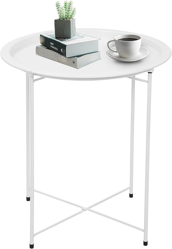 Youyijia Tray Metal Side Table 47x50cm Small Side Table With Removable Round Tray Round Coffee Table for Outdoor or Indoor for Home Kitchen White