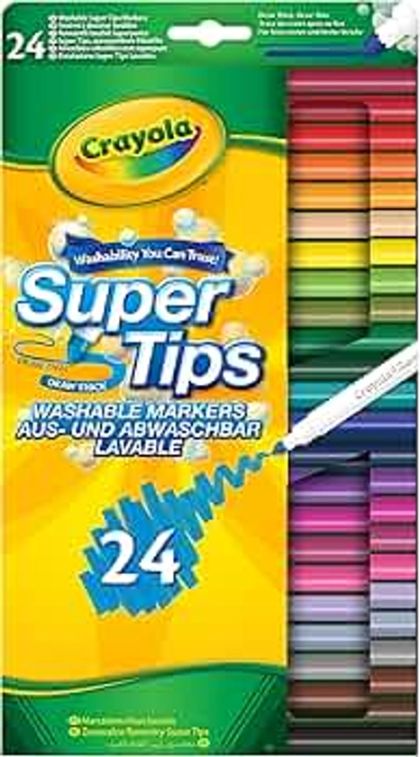 CRAYOLA SuperTips Washable Markers - Assorted Colours (Pack of 24) | Premium Felt Tip Pens That Can Easily Wash Off Skin & Clothing | Ideal for Kids Aged 3+