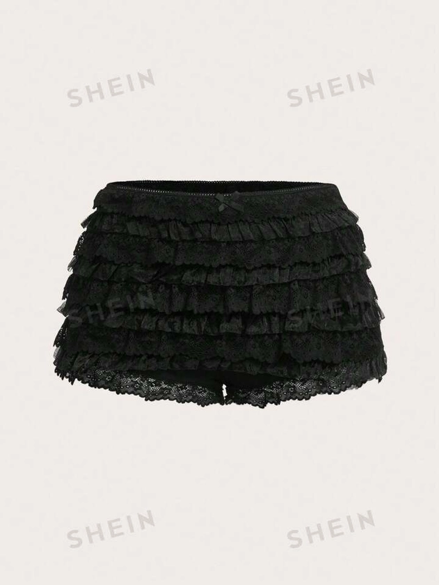 SHEIN ICON Pantalones cortos blancos para mujer con capas múltiples y dobladillo de volantes, estilo Y2K de bajo aumento para salir a conciertos