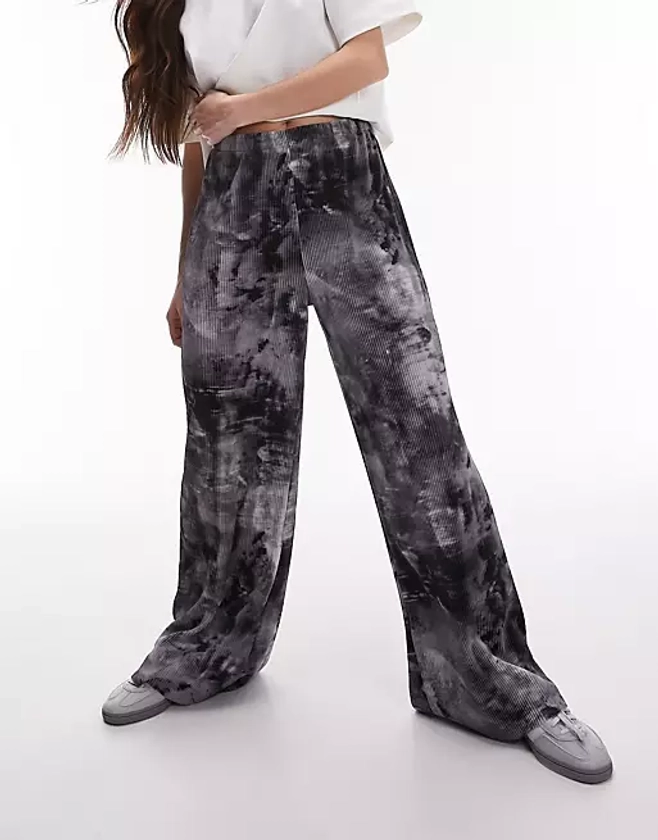 Topshop abstract spray printed plisse pants in gray
