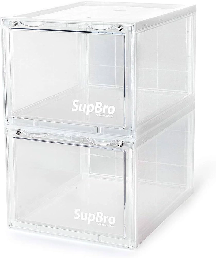 SupBro Collection Crate - Easy Access Storage Shoes Box -Plastic Foldable Stackable Sneaker Display Storage with Clear Front Door Organizer-2 Pack (Transparent)