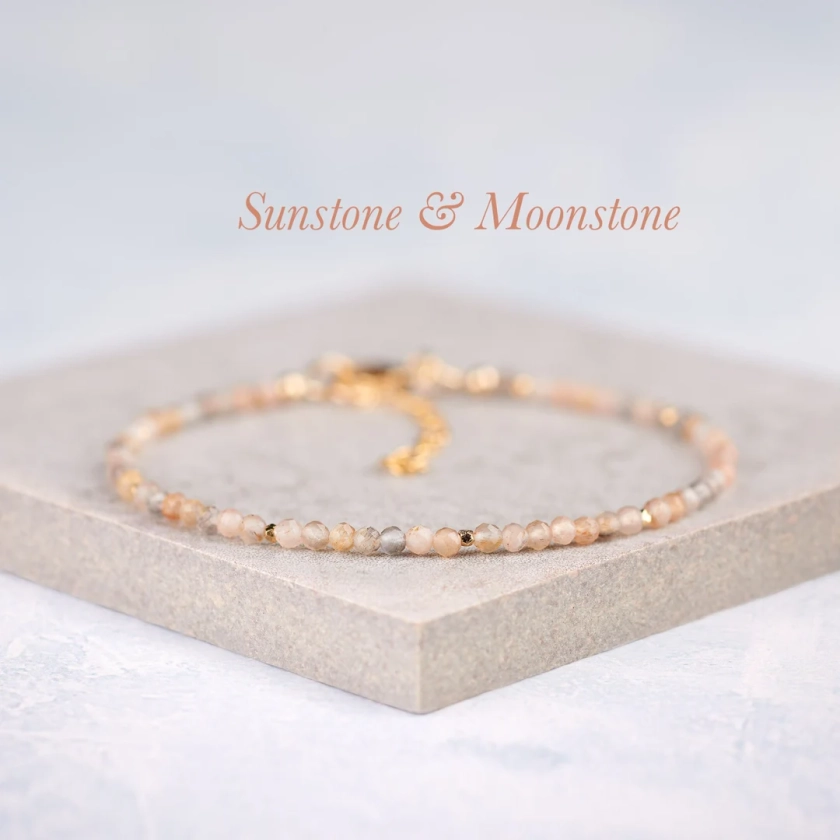 Dainty Sunstone and Moonstone Bracelet, Tiny 2mm Multicolour Gemstone Beads, Gold Fill / 925 Sterling Silver Stacking Bracelet - Etsy UK