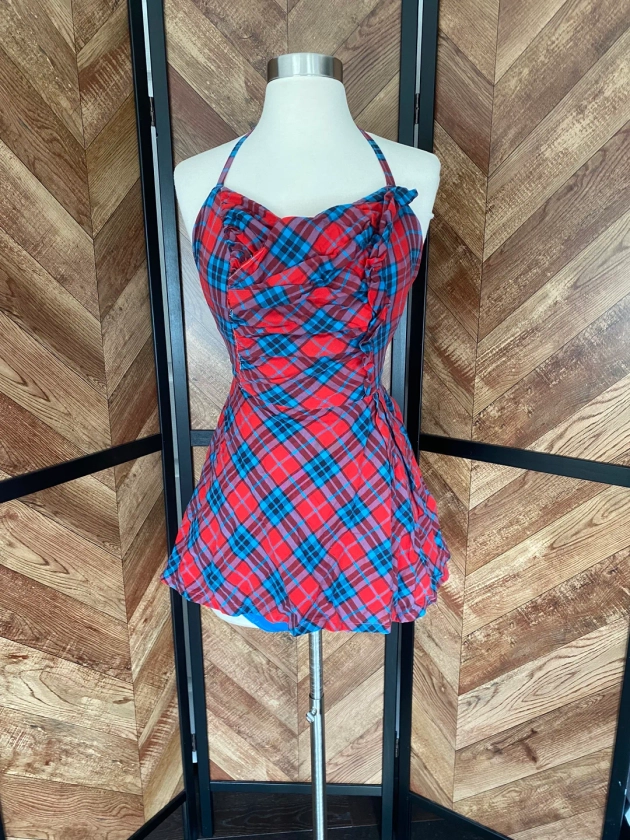 Vintage 1940s Red and Blue Plaid One Piece Skirt Swimsuit With Halter Top, Size Small - Etsy Ireland