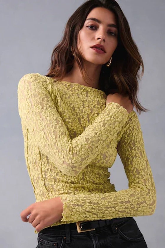 Green Slash Neck Long Sleeve Lace Top