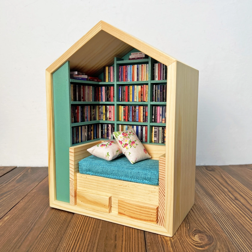 Handcrafted Mini Room Box Detailed Wooden Scene With 260+ Mini Books and 2 Cushions