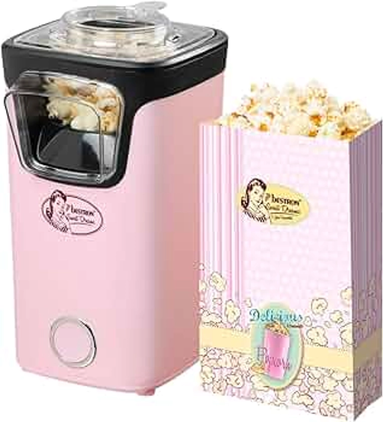 Bestron machine a pop corn, popcorn machine avec technologie d'air chaud, inclut 10 sacs à popcorn & une tasse à mesurer intégrée, Collection Sweet Dreams, Couleur: Rose