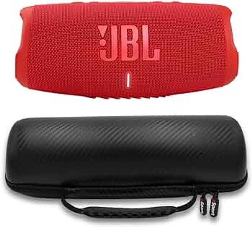JBL Charge 5 Waterproof Portable Speaker with Built in Powerbank and gSport Carbon Fiber Case (Red)