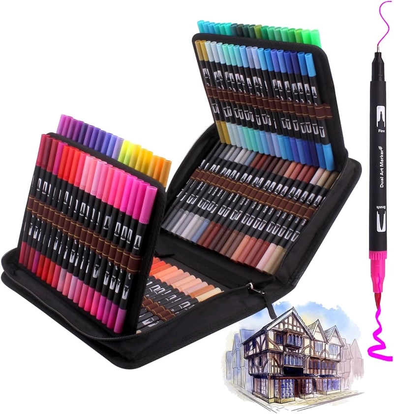 Laconile Feutres Coloriage Enfants Adulte à Double Pointe Fine et Pinceau, 120 Stylos Feutre Aquarelle pour Calligraphie, Dessin, Croquis, Livre de Coloriage