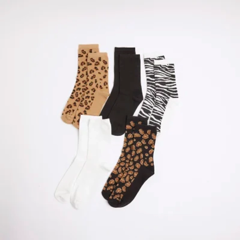 Beige Leopard Print Socks 5 pack