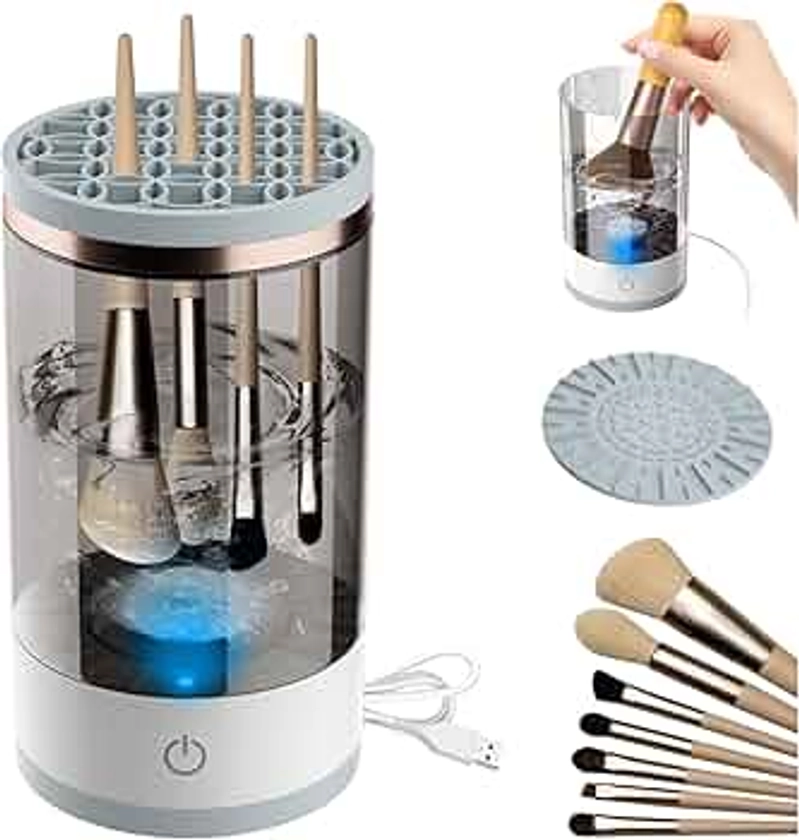 Electric Makeup Brush Cleaner, Cosmetic Brush Cleaner, Upgraded Electric Makeup Brush Cleaner with Brush Clean Mat, Automatic Spinning Makeup Brush Cleaner for All Size Makeup Brush (white)