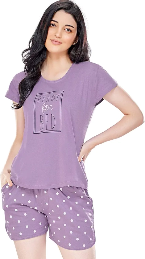ZEYO Women's Cotton Dot Printed Purple Night Suit set of Top & Shorts 5226 : Amazon.in: Fashion